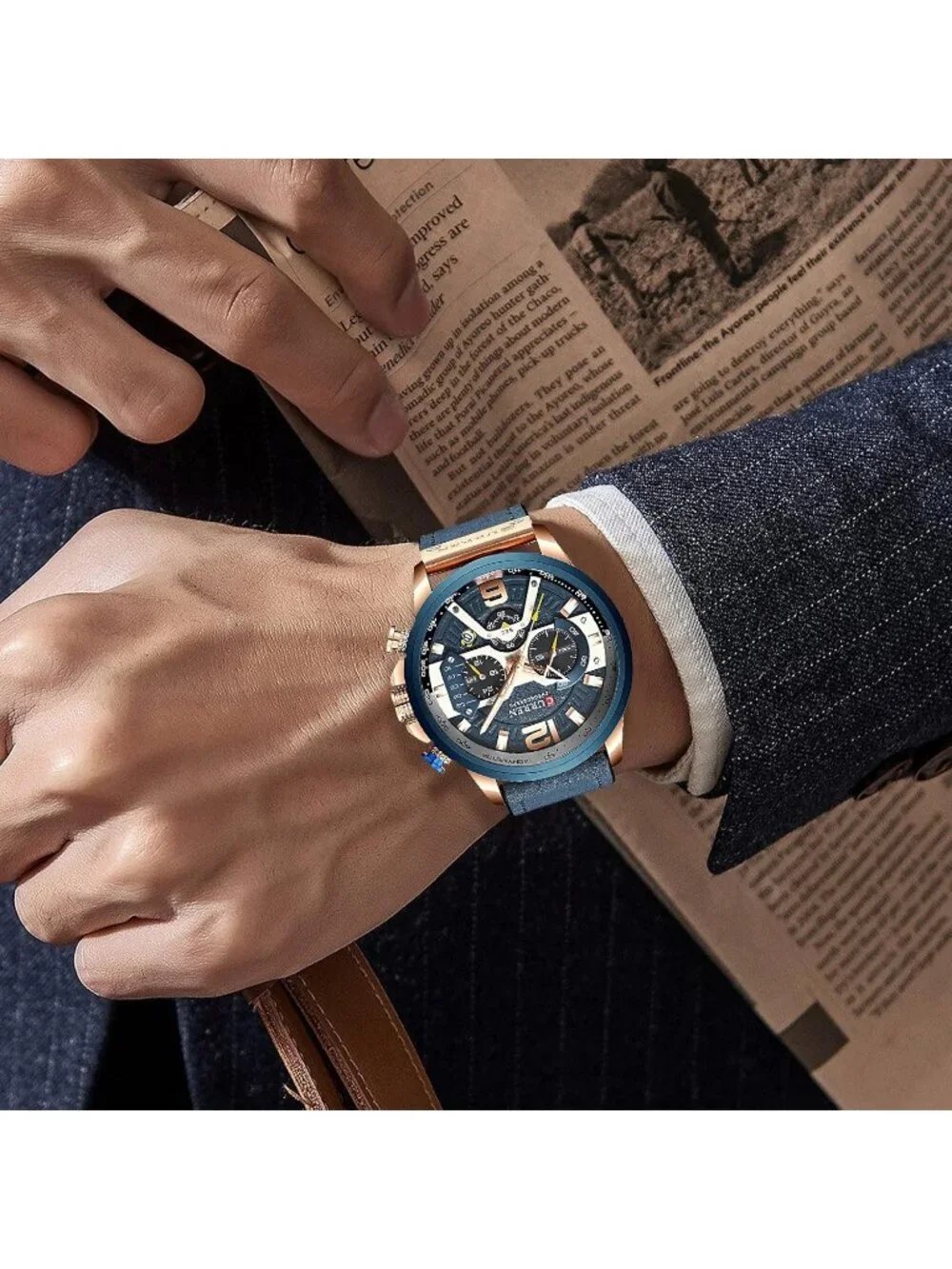 Men's Blue Rose Gold Analog Waterproof Leather Strap Chronograph Luxury Watch
